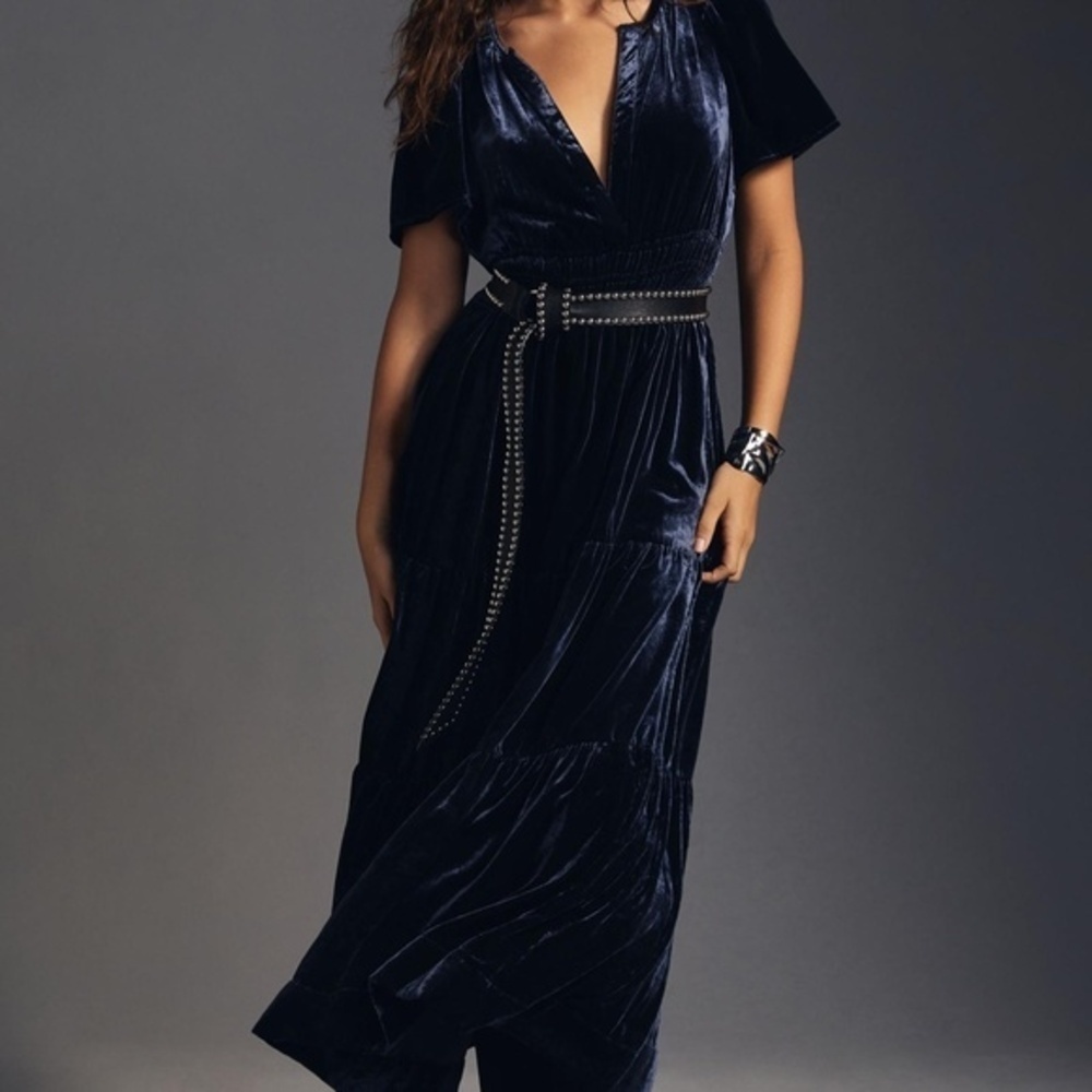 Anthropologie  Navy  Somerset Velvet Maxi Dress XXS
